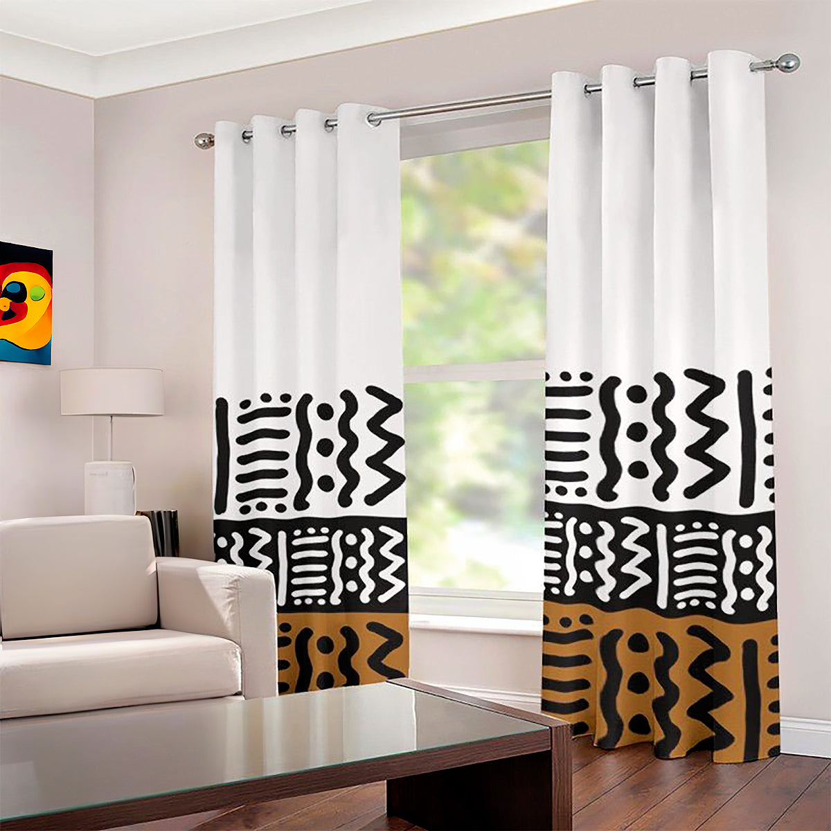 African Grommet Window Curtain Kuba Print (Two-Piece) - Bynelo