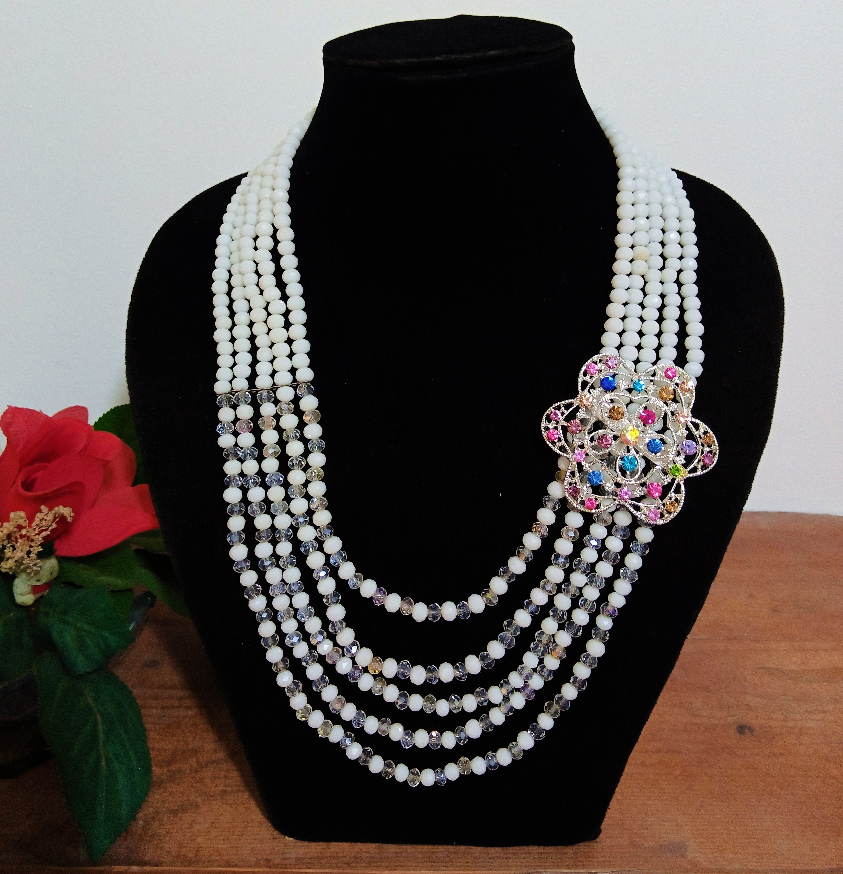 African Beaded Jewelry | Crystal Layered Necklace