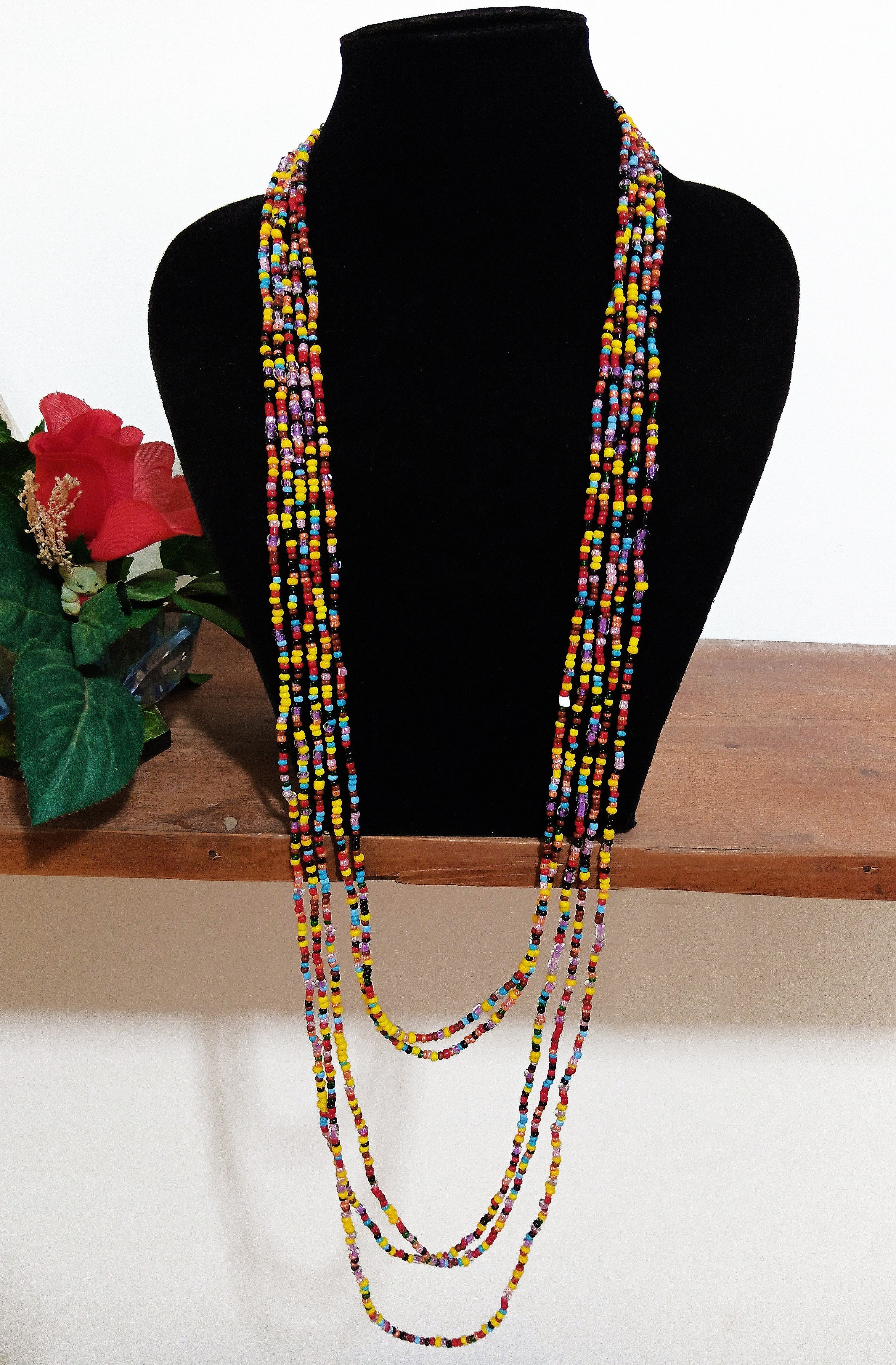 African Layered Long Necklace Multicolour Bead - Bynelo