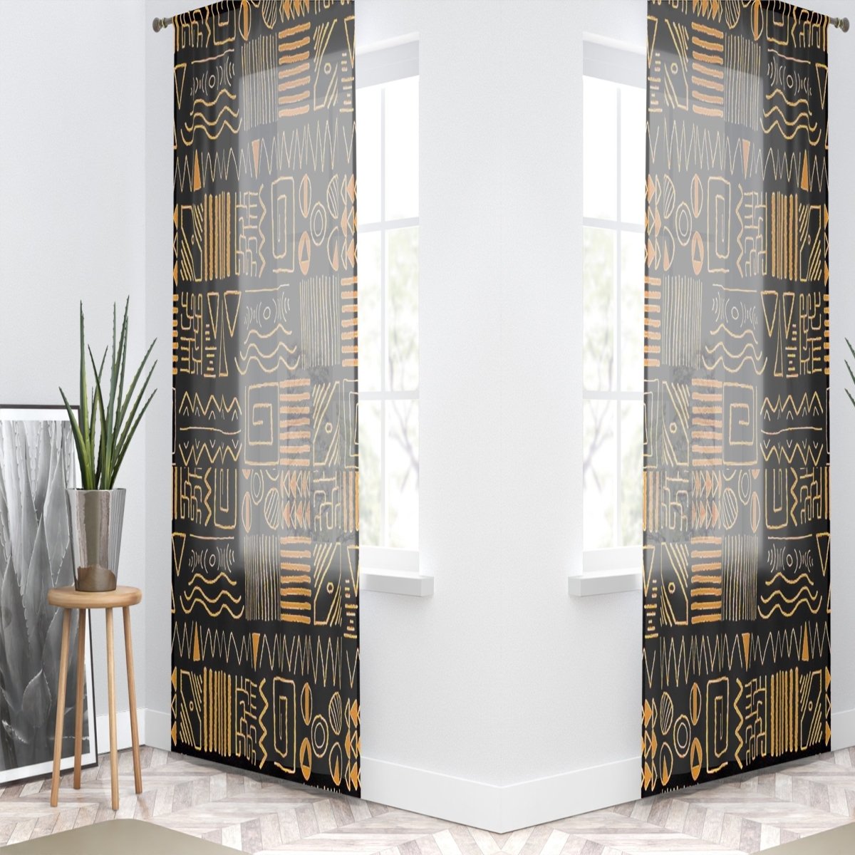 African Mudcloth Guaze Curtain Ethnic Print (Two-Piece) - Bynelo