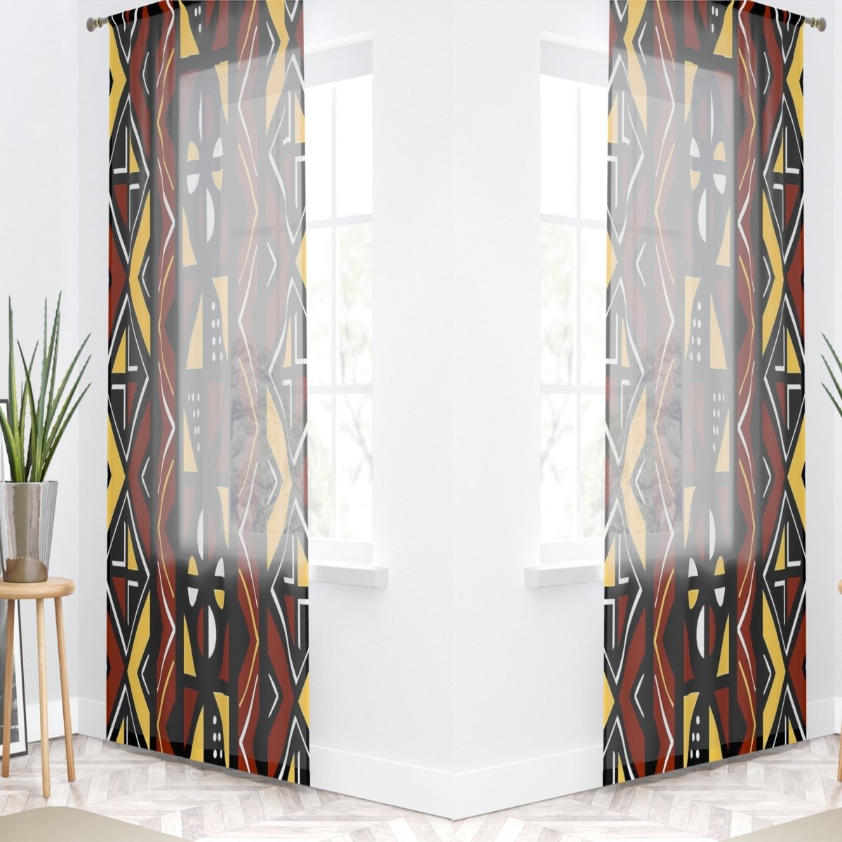 African Mudcloth Guaze Curtain Tribal Print (Two-Piece) - Bynelo