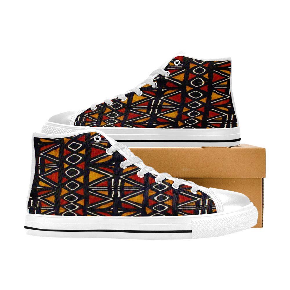 Afrocentric Bogolan Print Women High Top Canvas Sneakers Shoes - Bynelo