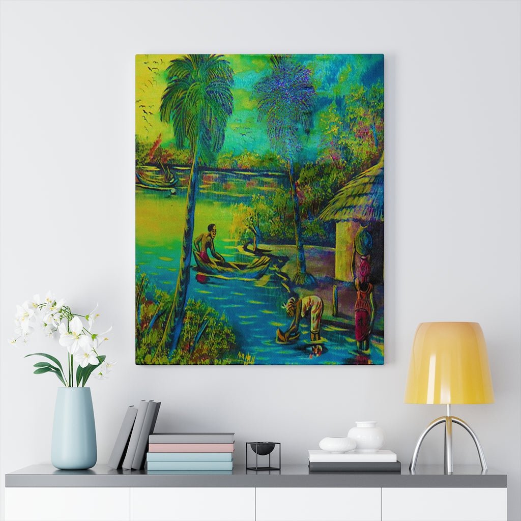 Canvas Wall Art of People in a Village Stream in Africa - Bynelo