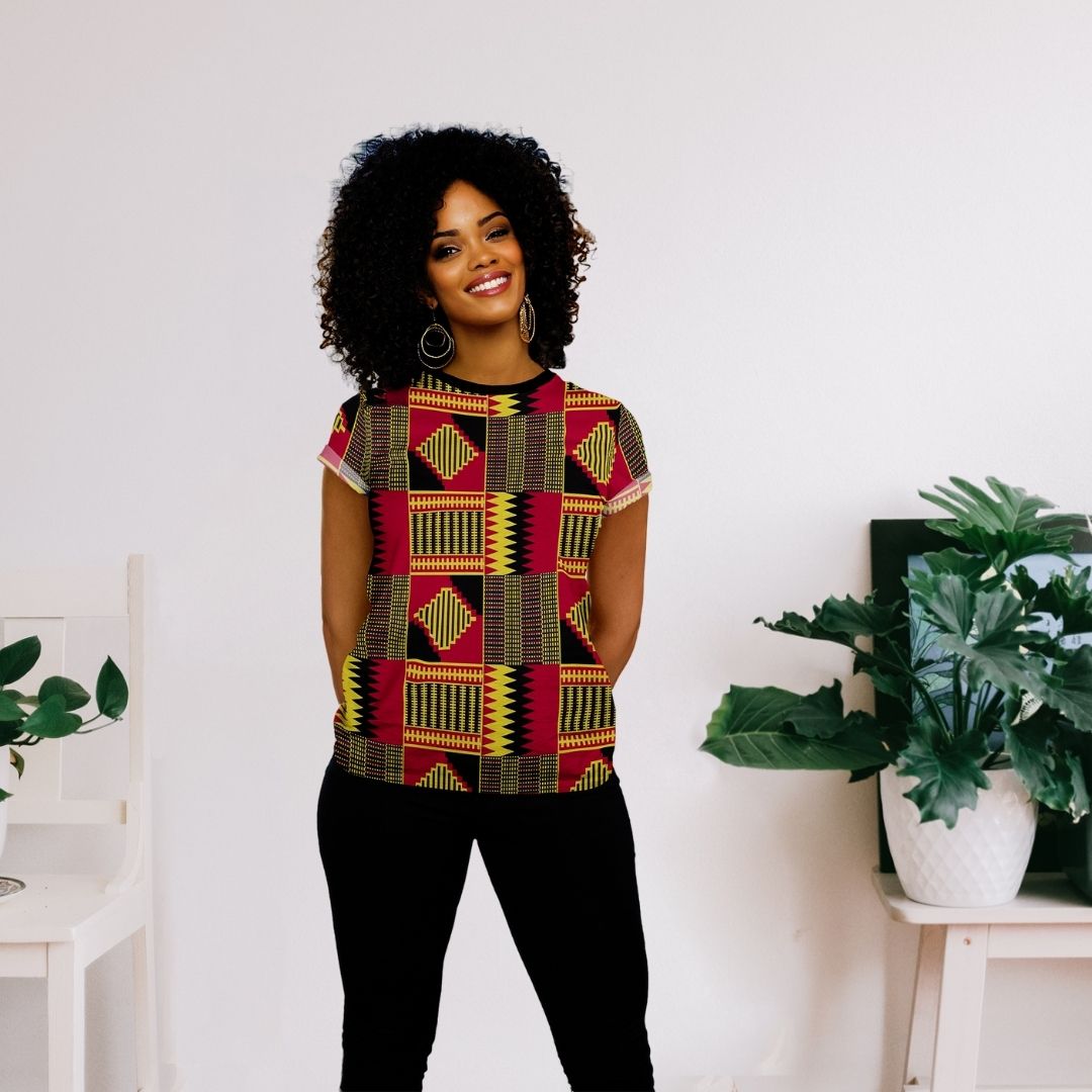 African Kente Print Women T-shirt – Relaxed Statement
